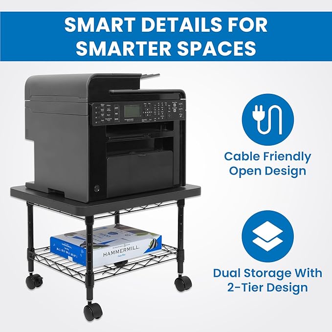 Mount-It! Under Desk Printer Stand with Wheels | Mobile Printer and Fax Cart with Storage Shelf for Office and Home Use, 2 Tiers (Black)