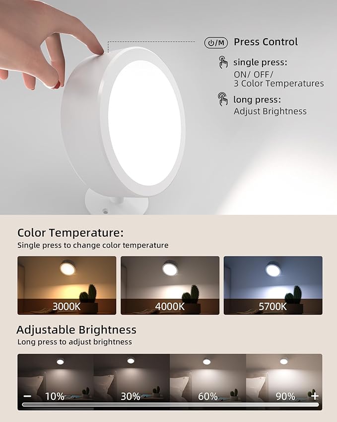 EZVALO LED Wall Mounted Lights, 5500mAh Rechargeable Wall Light Wall Sconces Lamp, 3 Color Temps & Remote and Touch Control, 360°Rotation Dimmable Cordless for Bedroom Reading Study Bedside (White)