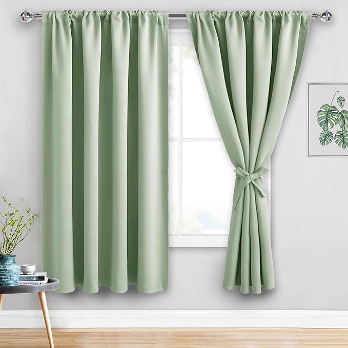 JIUZHEN Blackout Curtains for Bedroom - 70 x 63 Inch Extra Wide Privacy Assured Thermal Insulated Room Darkening Sliding Door Curtains for Living Room, Set of 2 Panels with Tiebacks, Light Green