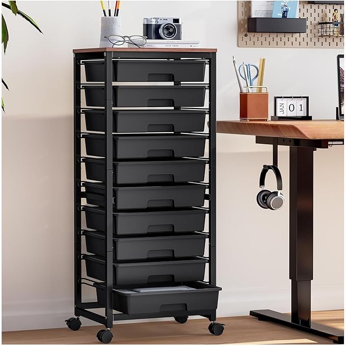 Rolling Cart with Drawers,10 Drawer Rolling Cart,Rolling storage cart with drawers,Black Rolling Drawer Cart,Teacher Rolling Cart for Classroom Storage,Craft Cart with Wooden Tabletop