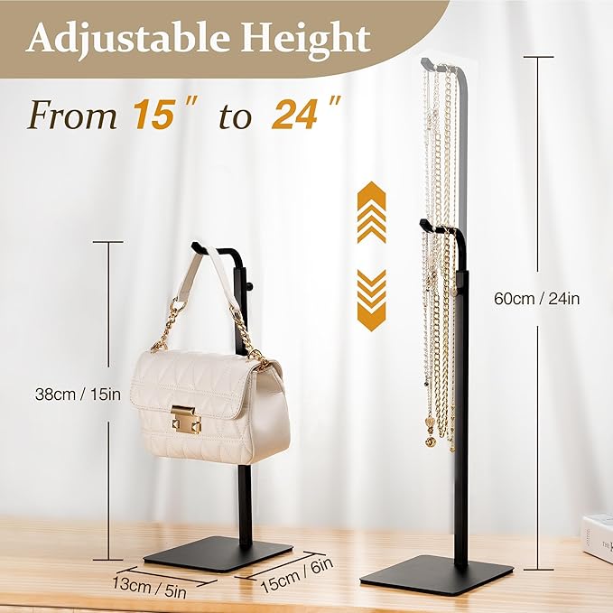 Purse Holder Handbag Display Stand: Hanger Rack Showing Bags, Purses, and Wreath, Adjustable Black Hook Stand for Tabletop, Closet, Desk, and Retail Use for Vendors