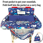 Soft Pillow Attached 2-in-1 Shopping Cart and High Chair Cover for Baby, Cotton Padded Cart Cover, Fold'n Roll Style, Portable with Carry Bag (Navy Blue Whale)
