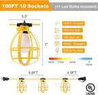 100FT Construction String Lights, 100W 11 Bulbs Work Lights with E26 Base, Construction Lights IP65 Waterproof, 8000LM 6500K Temporary Lighting for indoor Workshop, Mine cave, Job Site
