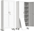 75" H Metal Garage Storage Cabinet, Rolling Tool Cabinet with 2 Doors and Wheels, Locker Steel Cabinet with 5 Adjustable Shelves, Organization Cabinet for Garage,Office,Home,Gym,School（White）
