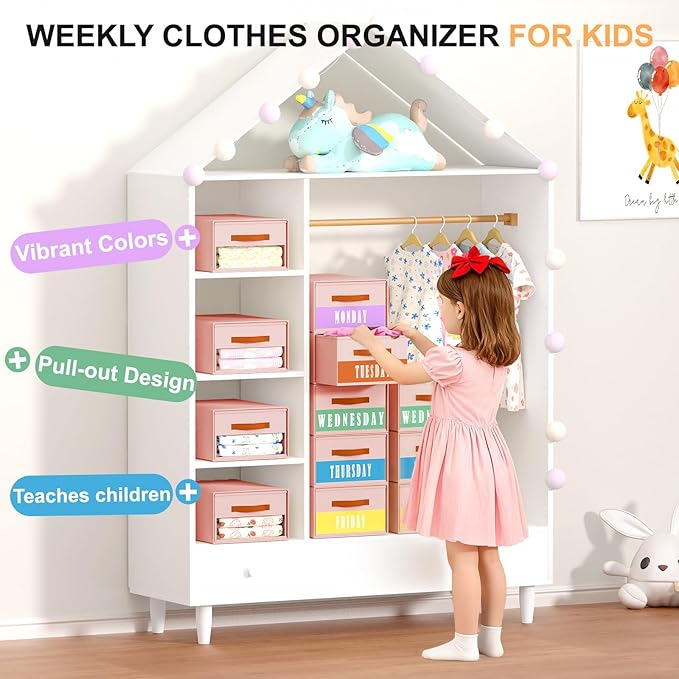 Stackable Storage Drawers - Pull Out Storage Bins with Drawers for Closet Clothes Organizers with Weekly Labels & Clear Window, Closet Shelf Storage for Bedroom, Living Room, 5 Pack, Pink