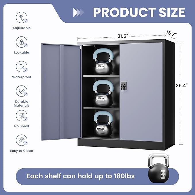 Metal Storage Cabinet,Locking File Cabinet with Doors and Adjustbale Shelves,Tool Steel Cabinets for Garage,Home Office,School,Gym(Grey & Black)