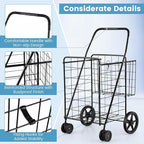 COSTWAY Folding Shopping Cart, Metal Grocery Cart with Extra Basket, 360° Swiveling Front Wheels & Comfortable Handle, Light Weight Collapsible Utility Cart for Laundry, Camping (Upgraded Black)