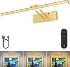 15.35inch Picture Light, Rechargeable Battery Wall Light for Paintings, 3 Colors Paintings Light Dimmable and Timer Metal Art Light for Display, Wall, Artwork, Gallery (Gold)