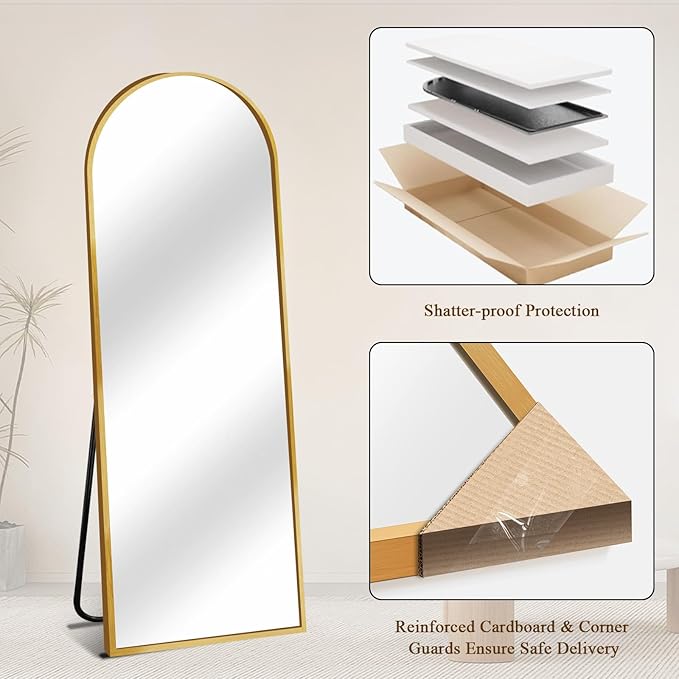 58"x18" Full Length Mirror with Stand, Shatterproof Arched Floor Mirror, Aluminum Alloy Thin Frame - Freestanding/Leaning/Wall Mount for Bedroom, Living Room & Entryway (Gold)