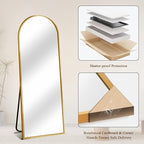 58"x18" Full Length Mirror with Stand, Shatterproof Arched Floor Mirror, Aluminum Alloy Thin Frame - Freestanding/Leaning/Wall Mount for Bedroom, Living Room & Entryway (Gold)