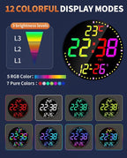 12" Large Digital Wall Mount Clock, Count Down Timer, Alarm, Big LED, 12 RGB Color, Temperature for Living Room Classroom Desk, Xmas, Birthday Gift for Senior Mom Dad (Round)