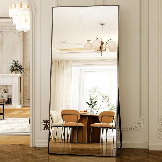 GLSLAND 77" x 38" Rectangular Full Length Mirror - Oversize Floor Mirrors Aluminum Alloy Frame Full Body Dressing Mirror for Bedroom Living Room,Black
