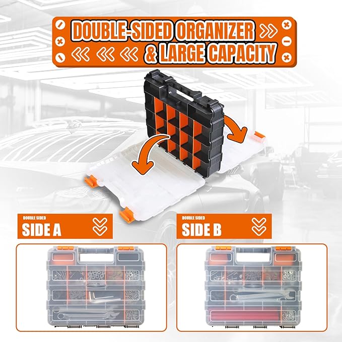 Generic Tool Box with Transparent Lid, Double Side 34-Compartments Organizer Box with Removable Dividers for Hardware, Screws, Bolts, Nails, Beads, Jewelry and Fishing Accessories, Orange, 4 Packs