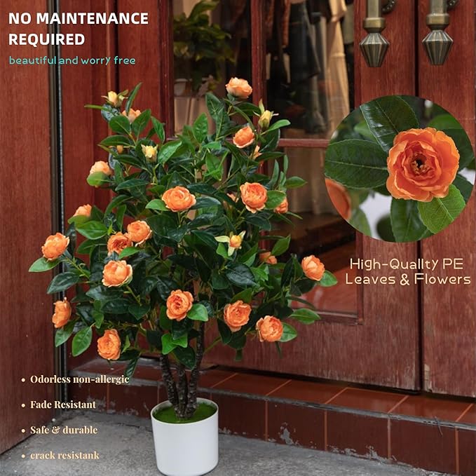 Artificial Camellia Tree 35in Faux Floral Plant with Red Flowers and Green Leaves - No Maintenance Indoor Outdoor Office Home Porch Decor Housewarming Gift(1 Pack - RED)