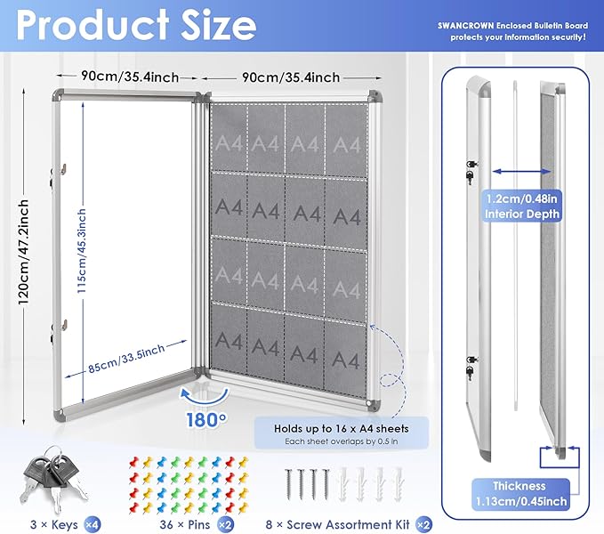 SWANCROWN Enclosed Bulletin Board 48x36in, Tamperproof Lockable Grey Felt Board Wall Display Case with 2 Locks for Office School Commerce, Aluminum Frame, Pack of 2