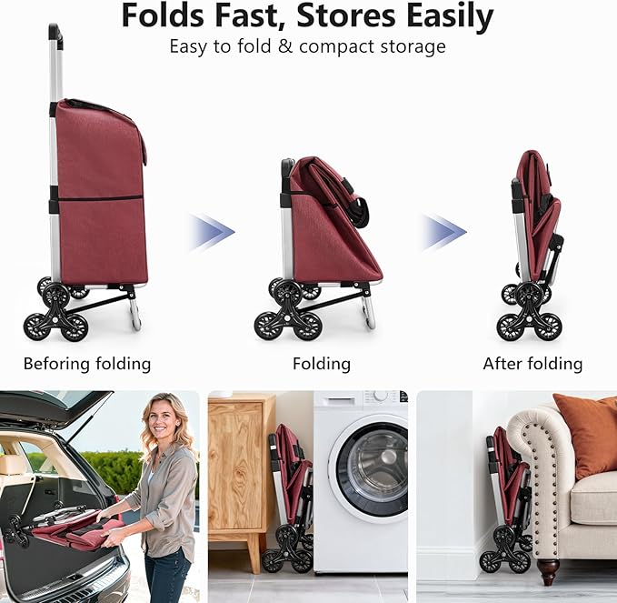 KEDSUM 2 in 1 Aluminum Alloy Stair Climbing Cart, 300LBS Grocery Cart on Wheels, Foldable Shopping Carts with Waterproof Oxford Red Bag for Groceries, Lightweight & Durable Aluminum Frame