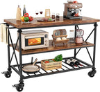 Homieasy Kitchen Island Cart with Wheels, 3-Tier Wood and Metal Rolling Kitchen Island Table with Pipe Legs, Storage Shelves & Lockable Casters for Kitchen Dining Room, Rustic Brown