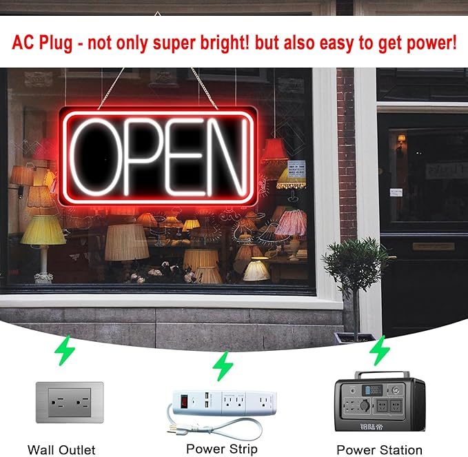 22" X 11" Led Neon Open Signs for Business, Large Open Signs, Plug In Electric Light Up with ON/OFF Switch, Ultra Bright Open Sign for Bar Salon Coffee Stores Club Hotel (Black Backplate)