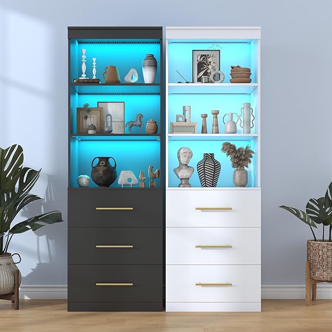 Winkalon 71“H Black Bookshelf with LED Light, Bookcase and Bookshelf with Drawers, Tall Bookcase Tall Storage Cabinet 3-Tier Open Shelves for Home Office Living Room Bedroom, 15.8"D x 23.6"W x 70.9"H