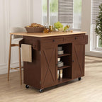 HLR Kitchen Island On Wheels, Brown Rolling Kitchen Island Cart with Solid Wood Drop Leaf Breakfast Bar, Barn Door Kitchen Islands with Storage Cabinet and Tower Rack, Island Table for Kitchen