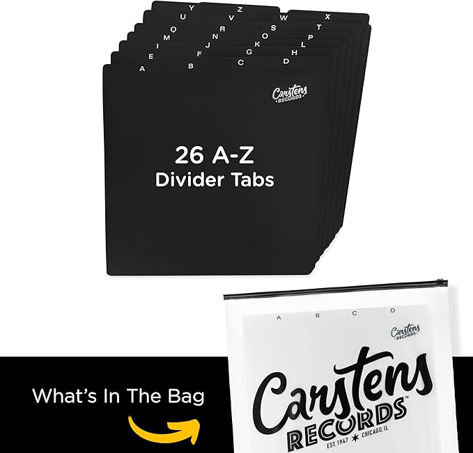 Carstens Records Heavy Duty Vinyl Album Dividers A-Z | 12" Organizers with Tabs | Pack of 26 Black | Made in The USA | for Top Browsing