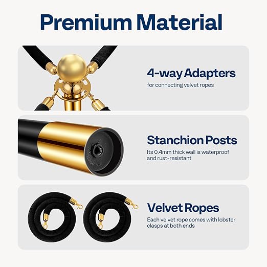 VIVOHOME Heavy Duty Iron Stanchion Post Queue 4PCS Pole w/ 2 Black Velvet Ropes, Crowd Control Barriers w/Fillable Base for High-end Venues, Museums, Party Supplies (4 Pieces, Black and Golden)