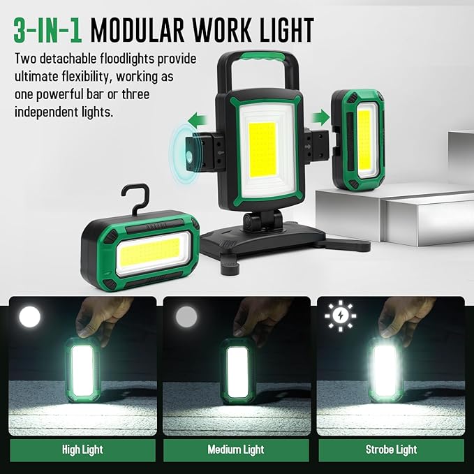 50W 5000LM Rechargeable Work Light, 3-in-1 Magnetic Work Light with Detachable 2 Floodlights, 9 Modes, Foldable&360° Rotatable IP65 Portable LED Worklight with Hooks for Jobsite Garage Car Repairing