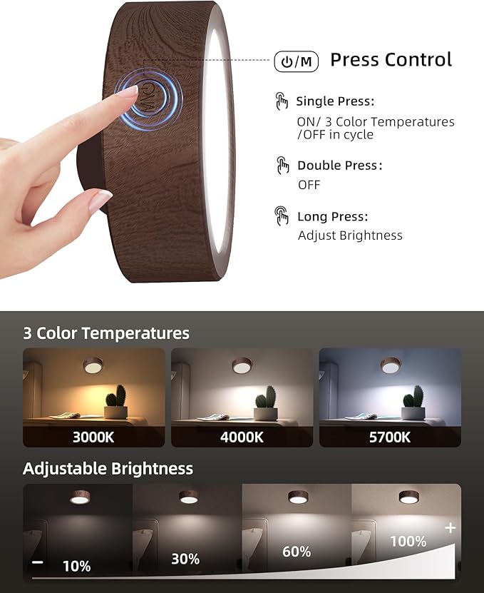 EZVALO LED Wall Mounted Lights, 5500mAh Rechargeable Wall Sconces Lamp, 3 Color Temps & Remote and Touch Control, 360°Rotation Dimmable Cordless Wall Light for Bedroom Reading Study (3 Pack Walnut)
