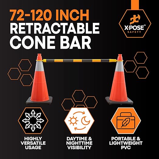 Retractable Barrier for Safety Traffic Cones - 2" OD - Large Yellow and Black Bar Barricade - for Road Construction, Parking, Warning, Temporary Security Divider (1, Yellow & Black, 72" x 120")