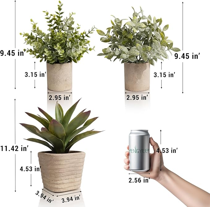 3 Pack Small Fake Plants, 11.42 Inch Artificial Agave Plants in Pots, Faux Eucalyptus Plants Indoor for Home Room Office Bathroom Bedroom Kitchen Farmhouse Shelf Greenery Decor