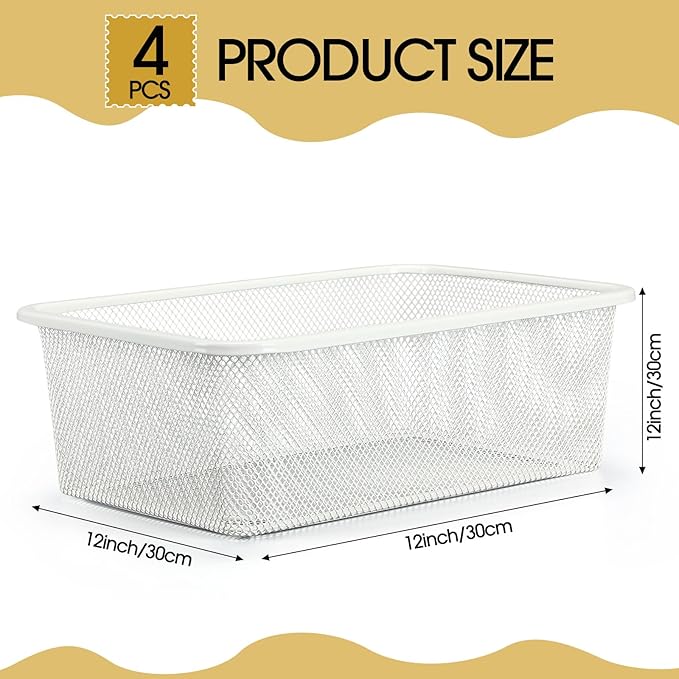 4 Pcs Metal Wire Basket 16.5in Metal Mesh Basket Pantry Organizers Bin Containers for Home Organizing Cabinet Pantry Closet Kitchen Fridge Fruit Makeup Snacks Gifts(White,Small)