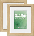 VCK 8x10 Picture Frame 2 Pack - Natural Oak, High-End Wood Poster Frames with Tempered Glass, Display 5x7 Photo with Mat or 8x10 without Mat, Art Gallery-Quality, Wall Hanging/Tabletop, Natural Oak