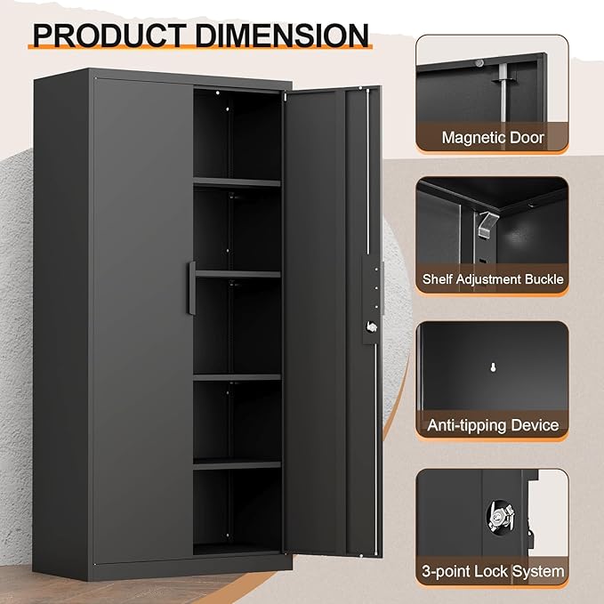 Metal Garage Storage Cabinets,Locking Garage Cabinets with 2 Door and 4 Adjustable Shelves,Steel Tall Cabinet for Home Office,Warehouse,School,Black