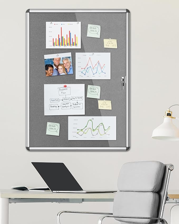 Mifuro 38"x28" Enclosed Bulletin Board, Lockable Weather-Resistant Aluminum Cork Noticeboard for School & Office, Silver Frame w/Grey Flet