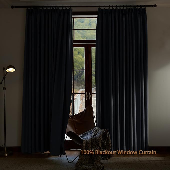 Textured Linen Pencil Pleated 100% Blackout Curtains for Bedroom/Living Room Blackout Curtains 120 Inches Long, Energy Saving Window Treatment Curtains,84Wx120Lx2,Grey Blue