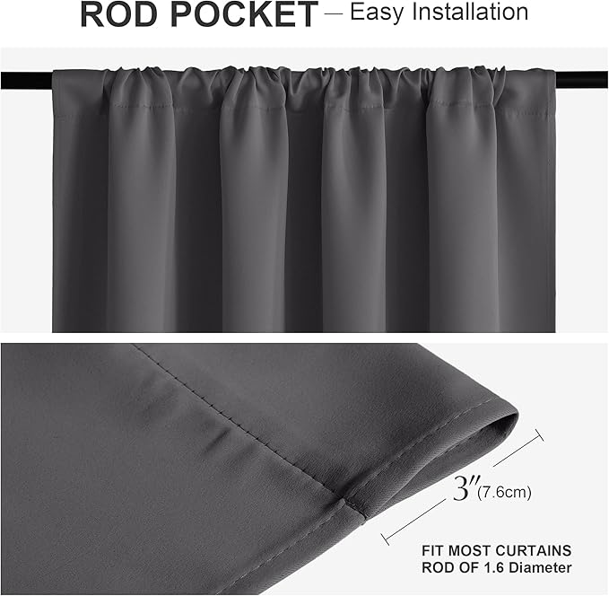 PONY DANCE Gray Short Black Out Curtains 48 inch Long for Small Window, Rod Pocket Privacy Bathroom Draperies,Thermal Insulated Lighting Blocking Drapes for RV(2 Panels Set,Grey, W42 x L48 inches)