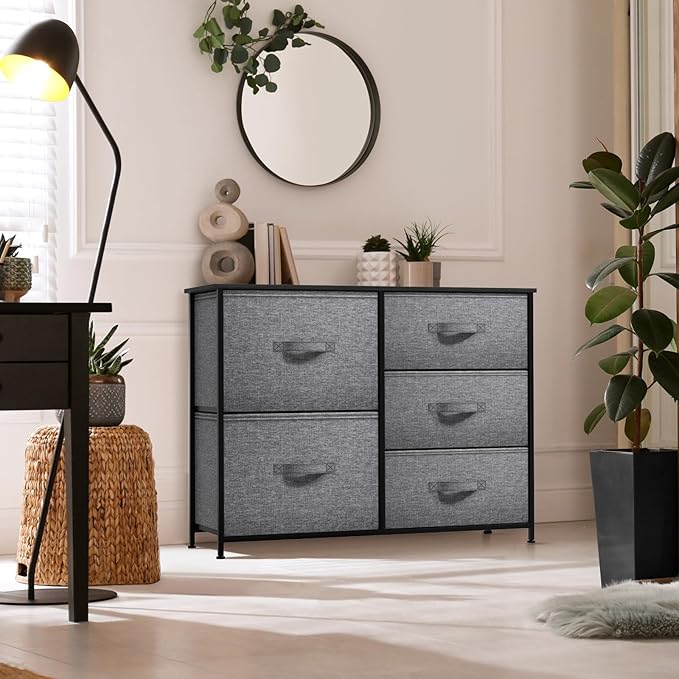 Sorbus Dresser with 5 Drawers - Chest Organizer Unit with Steel Frame Wood Top & Handle Easy Pull Fabric Bins for Clothes - Storage Furniture for Bedroom, Hallway, Living Room, Nursery & Closet