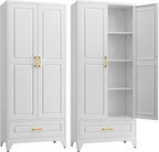 75" Kitchen Pantry Cabinet with Drawer, Metal Storage Cabinets with Doors and 4 Adjustable Shelves,White Kitchen Cabinet with 2 Gold Handles,Food Cupboard for Livingroom,Pantry, Bathroom