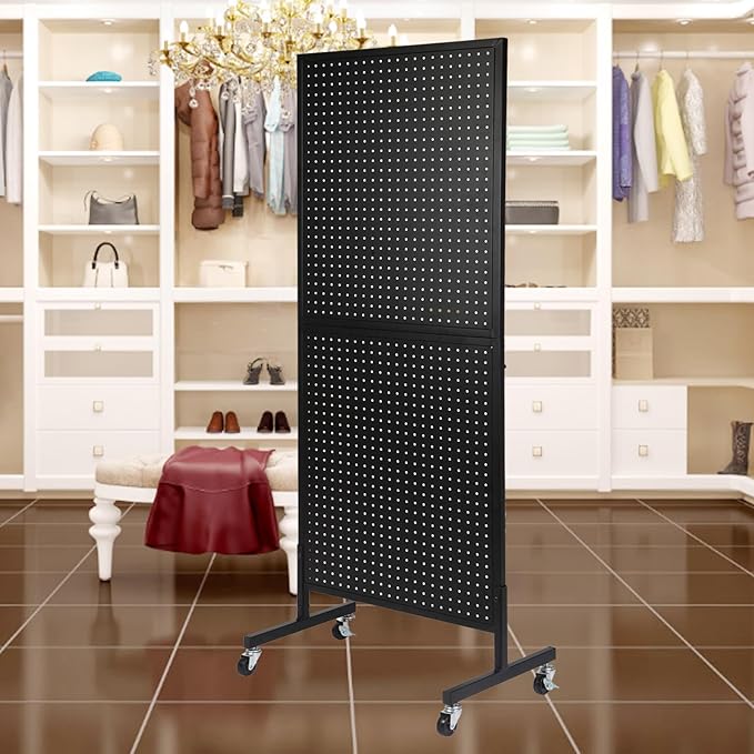 Eastern Tree Metal Pegboard Display Stand 2'x 5'with 30 Hooks, Pegboard Panels Display with Wheels, Peg Board Display Rack, Standing Pegboard Display- Black