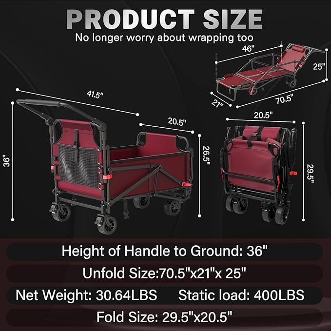LEVELEVE Heavy Duty Folding Wagon - 2-in-1 Collapsible Cart, 400lb Capacity, All-Terrain Wheels w/Brakes & Side Pockets (Red)