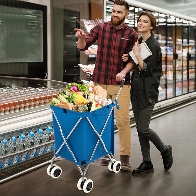 Goplus Folding Shopping Cart with Wheels, Grocery Cart with Removable Oxford Cloth Liner, Lightweight Utility Cart for Groceries Laundry Blue
