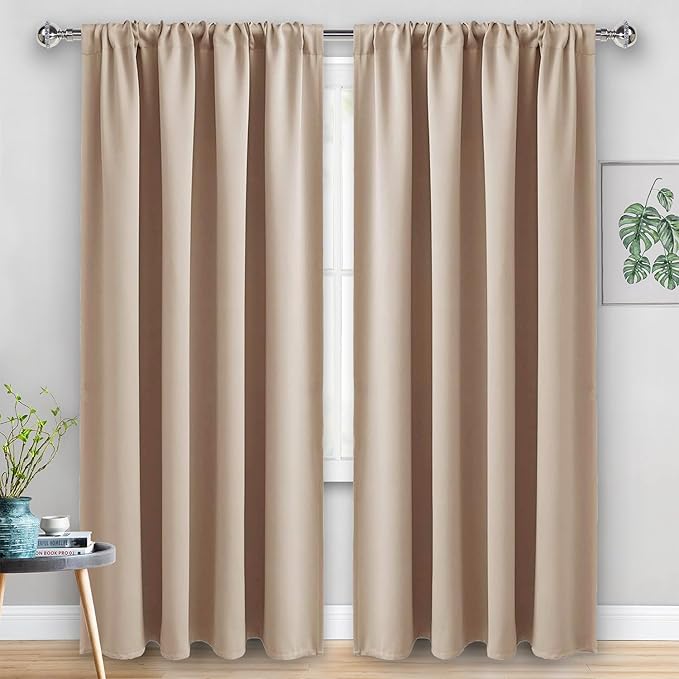 JIUZHEN Blackout Curtains for Bedroom - Thermal Insulated Room Darkening Rod Pocket Curtains for Living Room, Set of 2 Panels with Tiebacks, 70 x 96 Inch Length, Beige