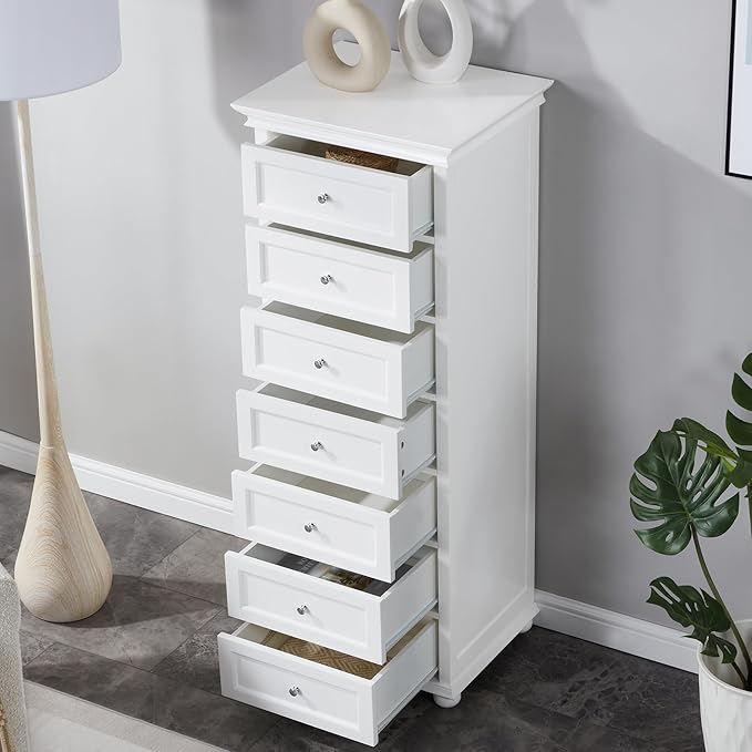Tall White Dresser for Bedroom with 7 Drawers, 52" Tall Chest of Drawers Modern Wooden Lingerie Chest with Crown Molding and Solid Wood Ball Legs, Anti-0xidation Zinc Alloy Knob(White)