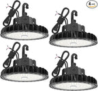 HYPERLITE 4Pack LED UFO High Bay Lights 100W 14,500LM (145lm/w) 5000K 1-10V Dimmable 5' Cable with 110V Plug Hanging Hook Safe Rope UL Listed for Barn Workshop Warehouse Residential