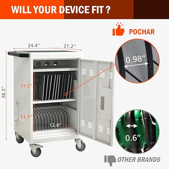 32 Devices Laptop Charging Cart with Password Lock,Tablet Storage Carts for Pad Up to 16.3" Screen,Classroom Computer Mobile Charging Station for Pads,Chromebooks,Laptops(White - Password Lock)