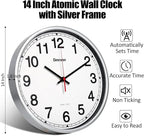 Geevon 14 Inch Atomic Wall Clock - Self-Setting Analog Clock with Automatic Time Sync - Battery Operated for Home Office School - Silver Frame