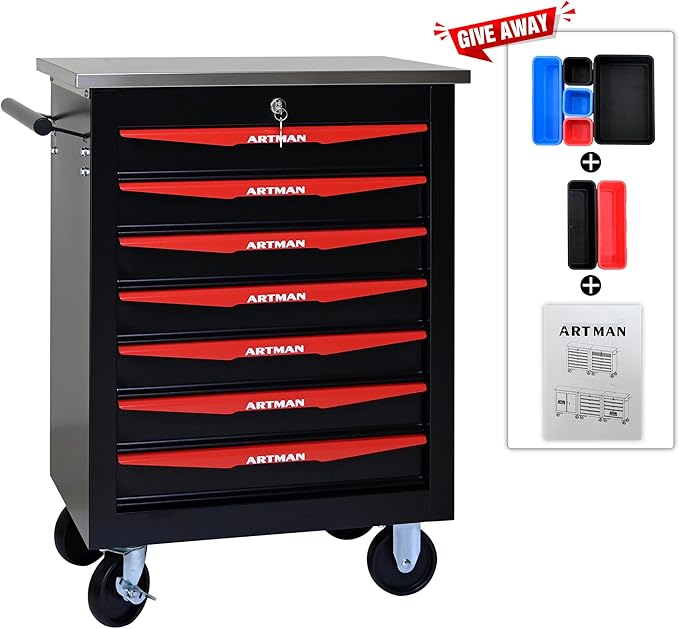 7 Drawer Rolling Tool Chest with Locker, 22.2" D Metal Movable Lockable Tool Cart Box Multi-Functional Hardware Storage Cabinet Box for Warehouse Basement Home Pantry Garage