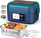 Dravel Cordless Heated Lunch Box for Men, 6.3 Cup 100W Electric Lunch Box Food Warmer with 24000mAh Battery for Self Heating, Including Cutlery, Insulated Bag and Divider for Women Adults(Blue+Green)