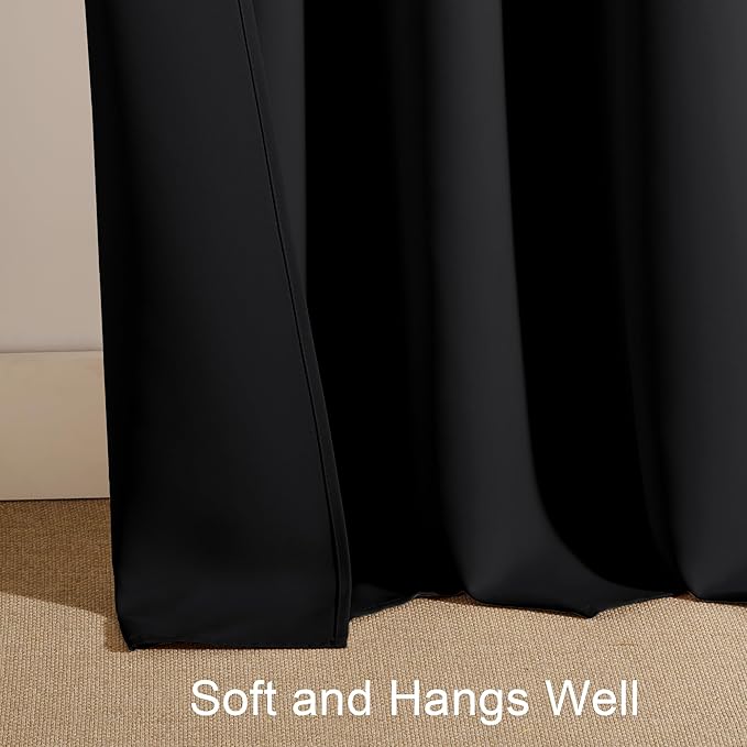 PONY DANCE Blackout Curtains for Bedroom 96 inches Long 2 Panels Set, Thermal Insulated Rod Pocket Black Out Window Drapes, Noise Reducing Window Treatment for Living Room(W52 x L96 inch, Black)