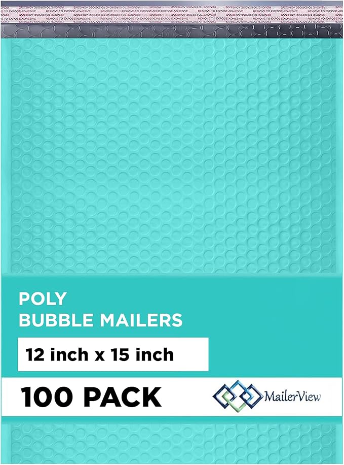 Teal Large Poly Bubble Mailers 12x15 inch | Self Seal Padded Envelopes Cushioned Bubble Mailer | Usable Size 12x15 | WaterProof | Lightweight mailing Shipping Bags | 100 Pack Bulk